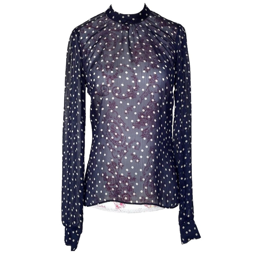 Reformation Sheer Navy Polka Dot Blouse XS